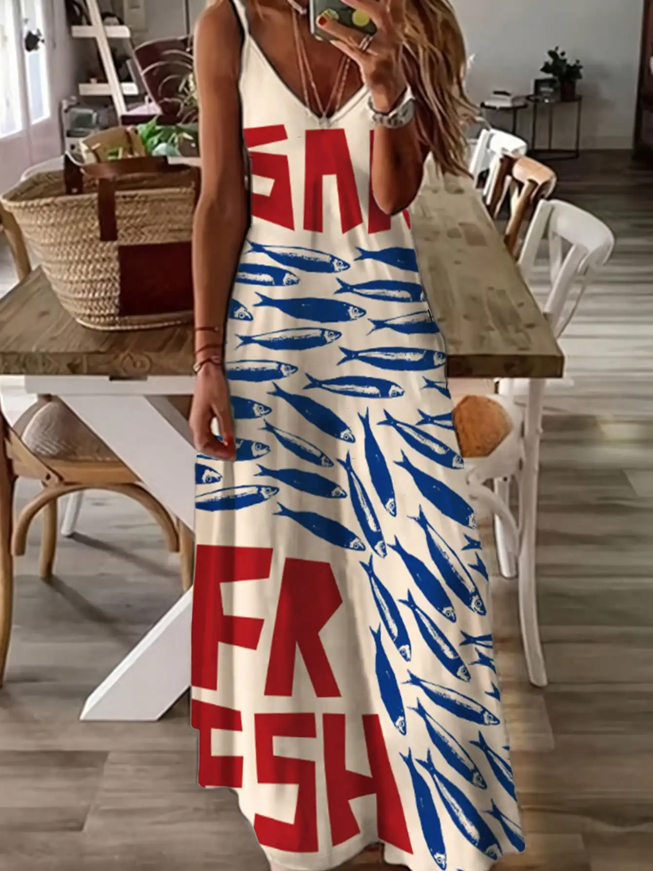 

Женское летнее платье макси с V-образным вырезом и принтом с рыбным узором, с регулируемыми бретелями, в повседневном пляжном стиле