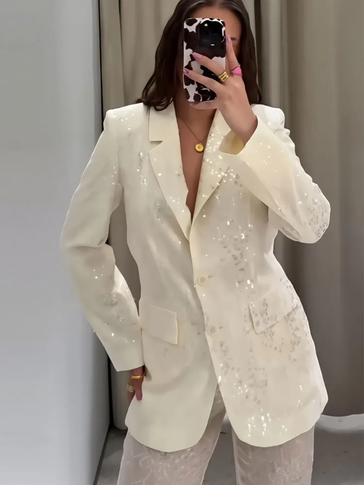 

TRAFZA Women's Fashion Sequined Suit Long Sleeves Lapel Solid Pockets Single-breasted Blazer+High Waist Wide-leg Pants Retro Set