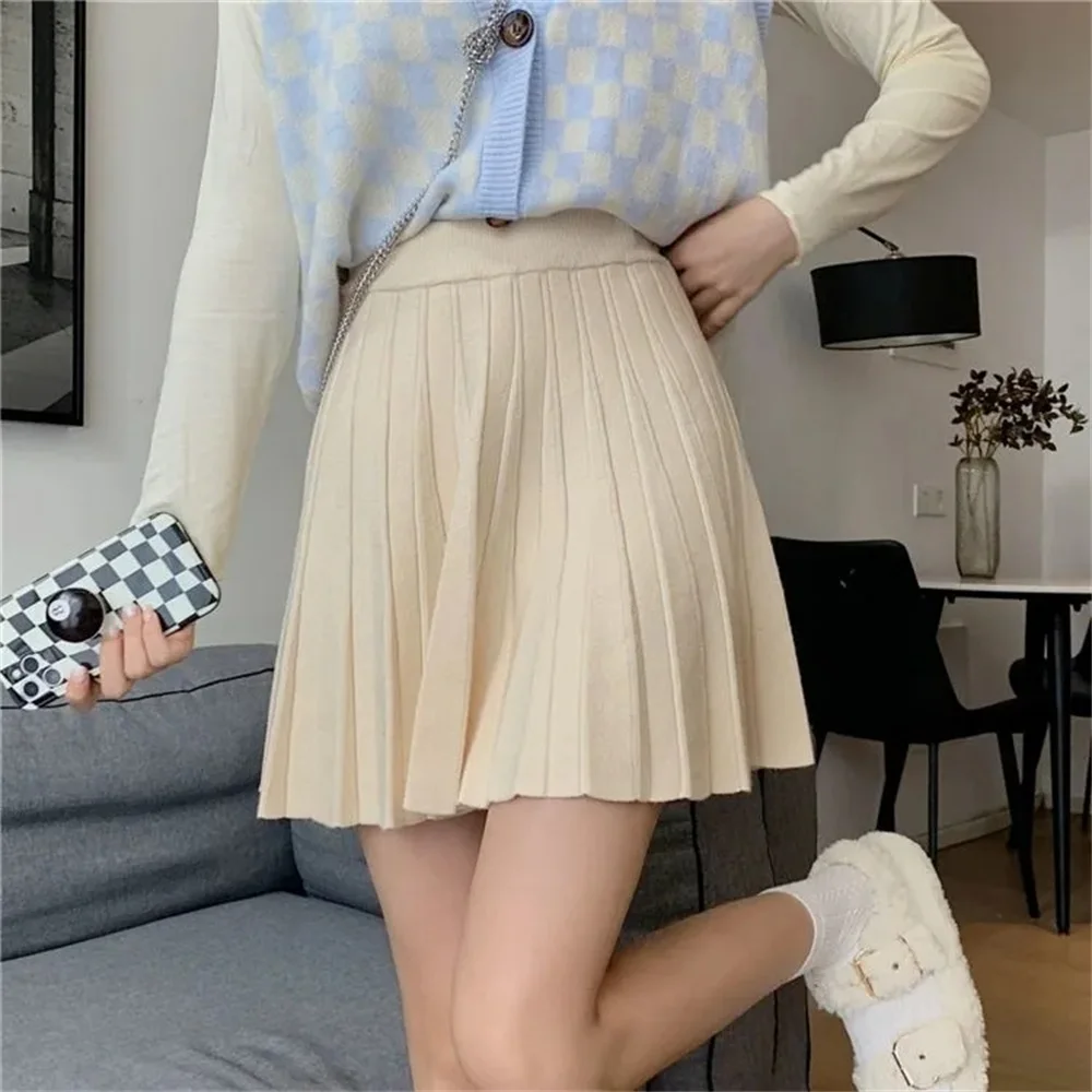 2023 new Streetwear Knit Pleated Skirt  Women High Waist Sweater Skirts  Autumn Winter Solid Elastic Knitting Ribbed Mini Skirt