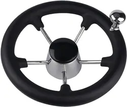 11 Inch Stainless Steel Steering Wheel with Black Foam Grip and Knob 5 Spoke Destroyer Wheel For Yacht Marine Boat Accessories