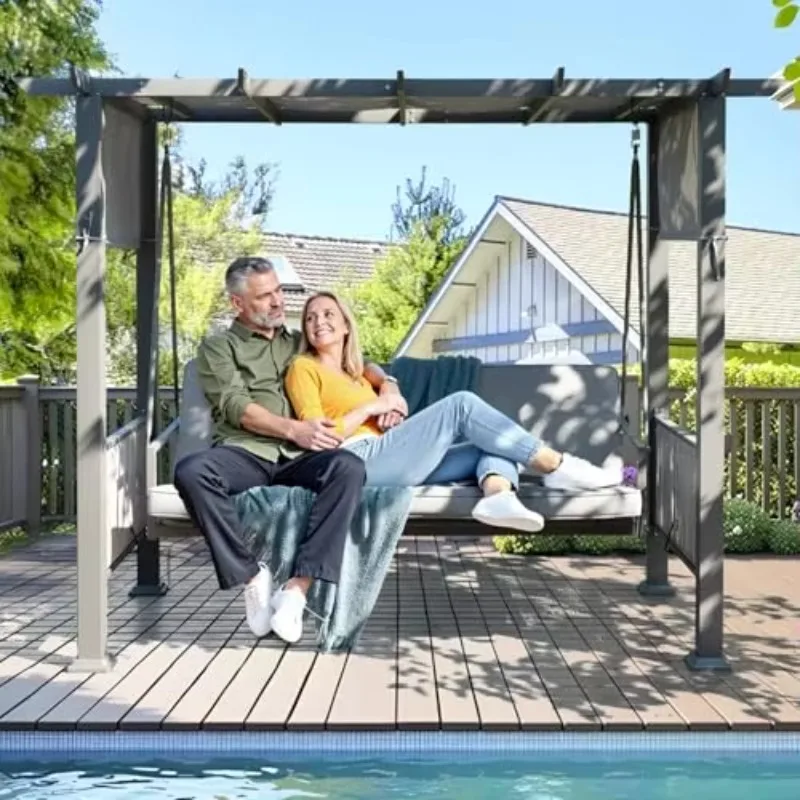 3-Seat Porch Swing with Stand, 990 LBS 2 in 1 Convertible Bed Patio Swings with Canopy Adjustable, Wicker Side Panel