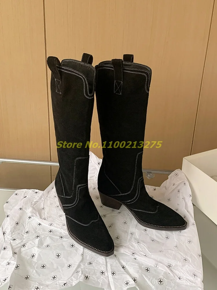 British Retro Knight Boots Western Cowboy Knee High Low Heel Suede Patchwork Fashion 2024 Newest Runway Winter Women Boots