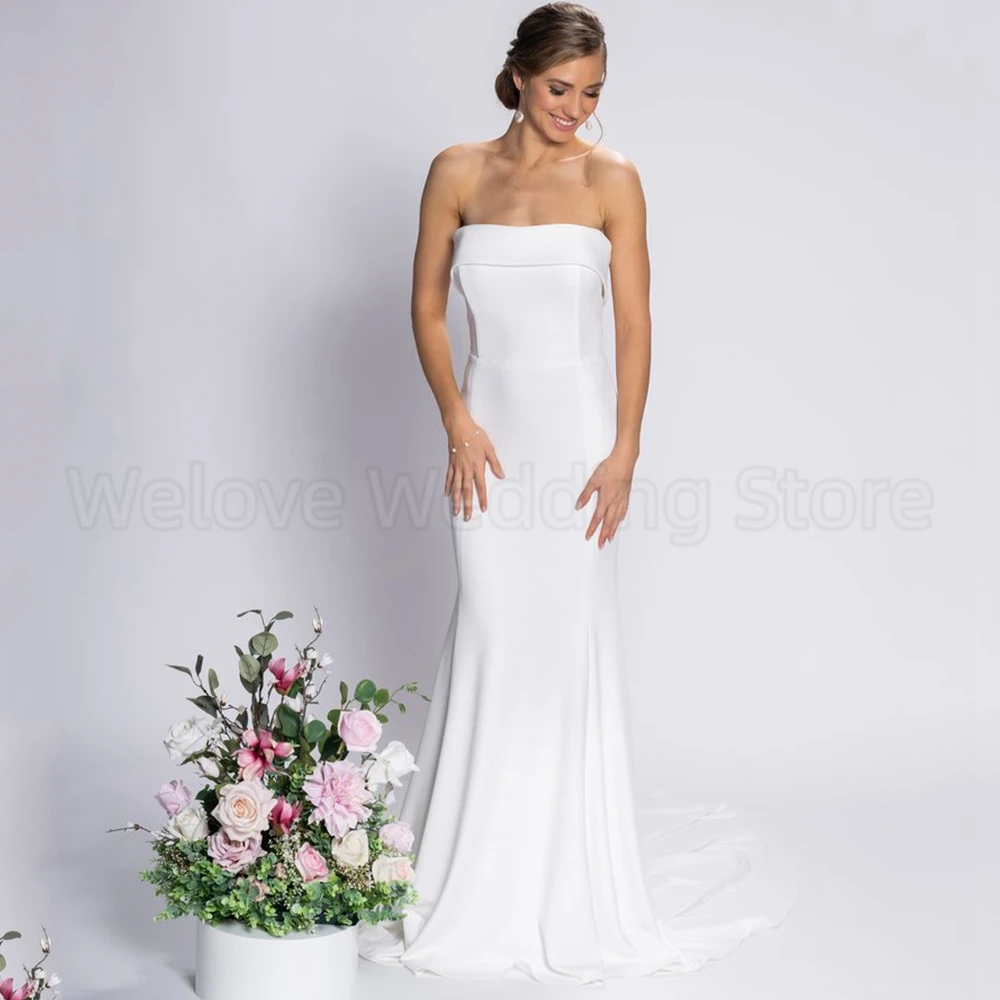 Vestido de casamento Strapless Boat Neck, Vestido simples sereia, Comprimento do chão, Sexy costas abertas com botões, Trem nupcial da varredura, Vestidos feitos sob encomenda