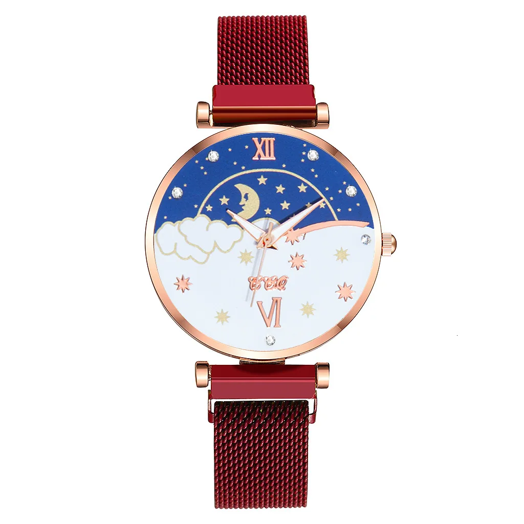 Tendencia De Mujer 2023 السيدات شخصية حزام من الجلد ساعة موضة جديدة الشمس القمر ستار حجر الراين ساعة ساعة امرأة عادية