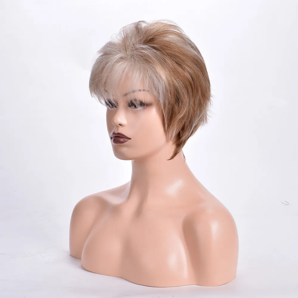 باروكة نسائية قصيرة مجعدة باللون البني مع أشقر يسلط الضوء على شعر من الألياف الاصطناعية المقاومة للحرارة للحفلات اليومية