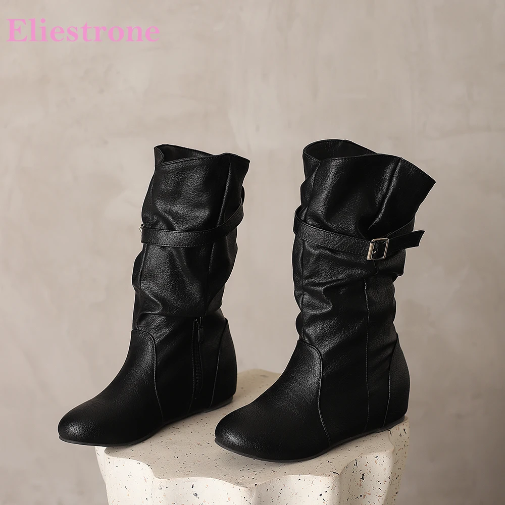 

2025 Новые зимние милые черно-белые женские ботинки с напуском, женские туфли до середины икры с круглым носком на танкетке, большие размеры 13, 43 48 50