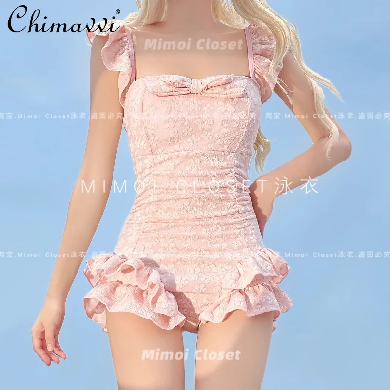 New 2025 Summer Clothes Sweet One-piece Cute Girl Pink Pure Desire Swimsuit Women's Sexy Slim-fit Temperament Beachwear