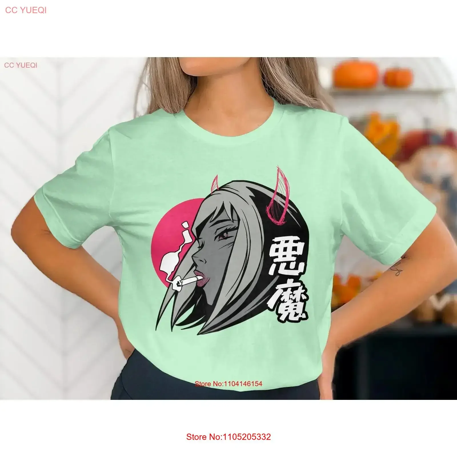 شيطان فتاة أنيمي تي شيرت قرون الشيطان الجمالية Vaporwave الشارع الشهير اليابانية أوتاكو نمط Kawaii القوطي خمر غسلها تنفس #1