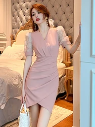 2023 Summer Women's French Style Sweet Mini Dress Pink Sequin Embroidery Short Sleeves Folds Short Gown Girl Party Prom Vestidos