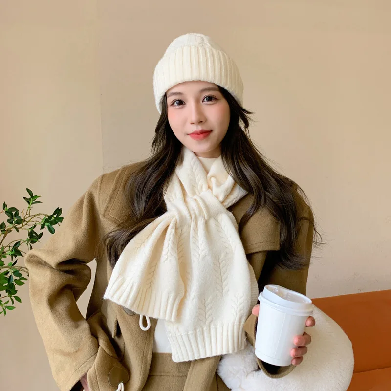 Women Scarf Shawl Girls Winter Warm Neckerchief Solid Color Wool Knitted Muffler Student Hat And Scarf Two-piece Set Accessories