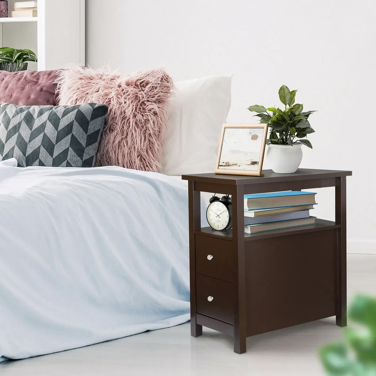 Brown End Table with 2 Drawer and Shelf Narrow for Living Room