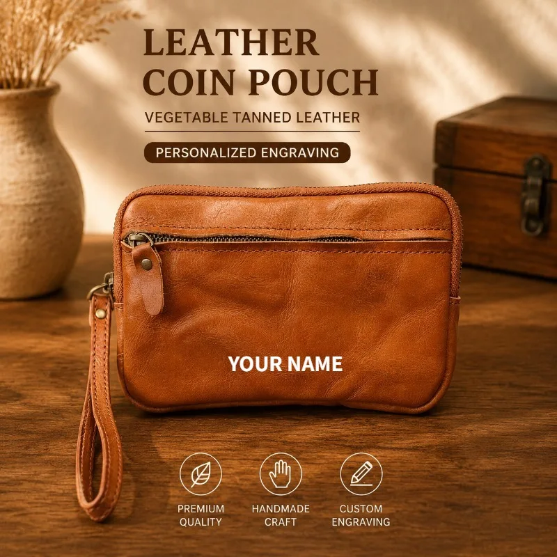 Vintage Handmade Genuine Leather Wristlet Bag Vegetable Tanned Cowhide Phone Pouch Coin Purse Personalized Engraved Gift