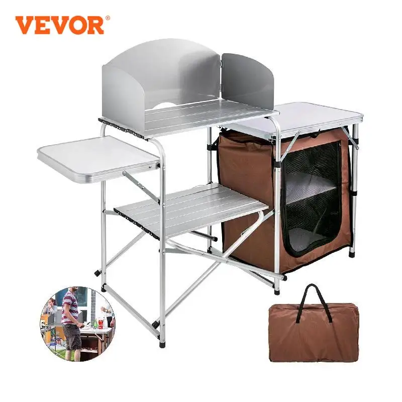 

VEVOR Outdoor 2-Tier Kitchen with Zippered Bag Portable Folding Cook Table for BBQ Party and Camping Brown Humanized designs