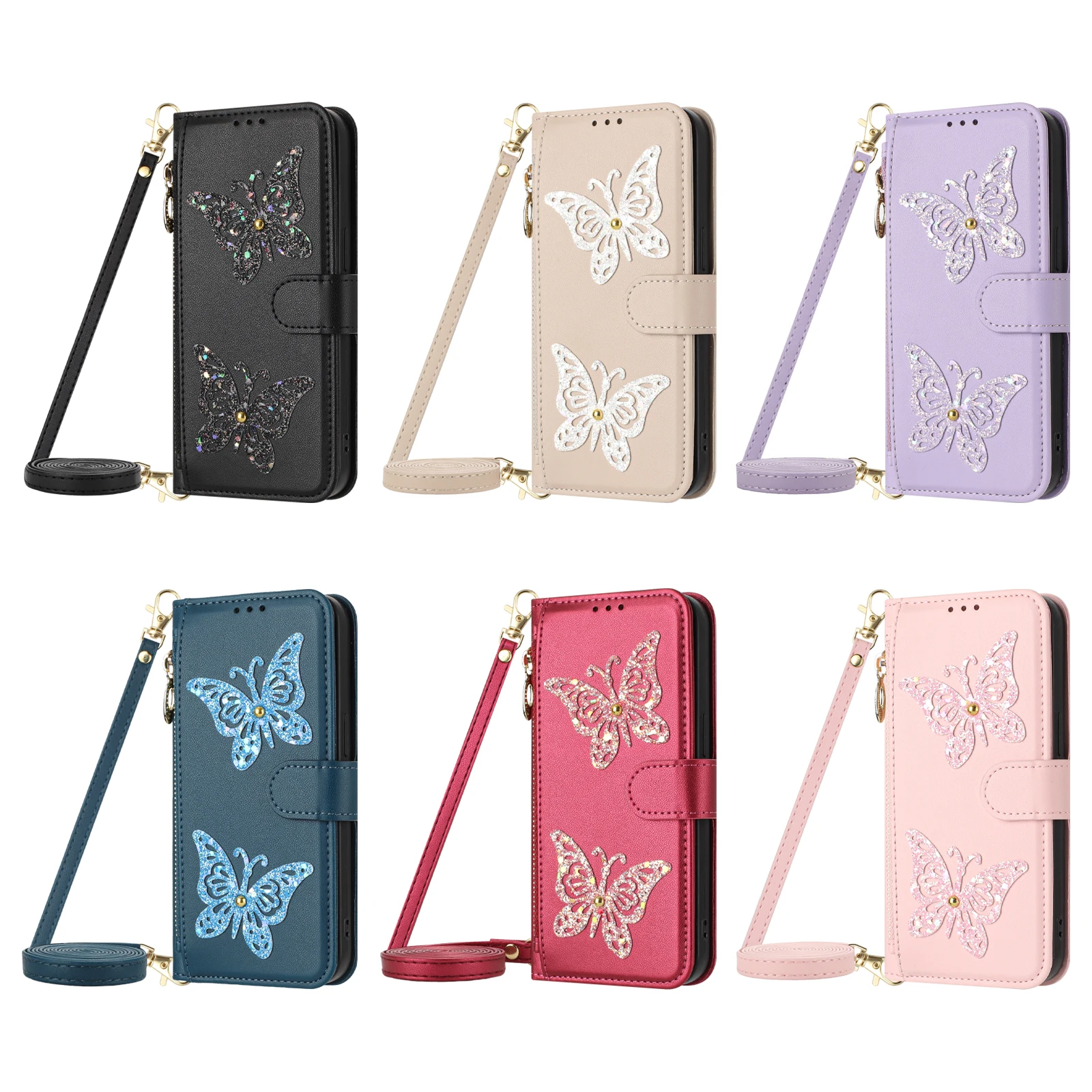 Crossbody Long Strap Glitter Butterfly Leather Phone Case For Samsung S26 Ultra S25 S24 Plus S23 S22 A17 A07 A57 A37 Cute Cover - view 6