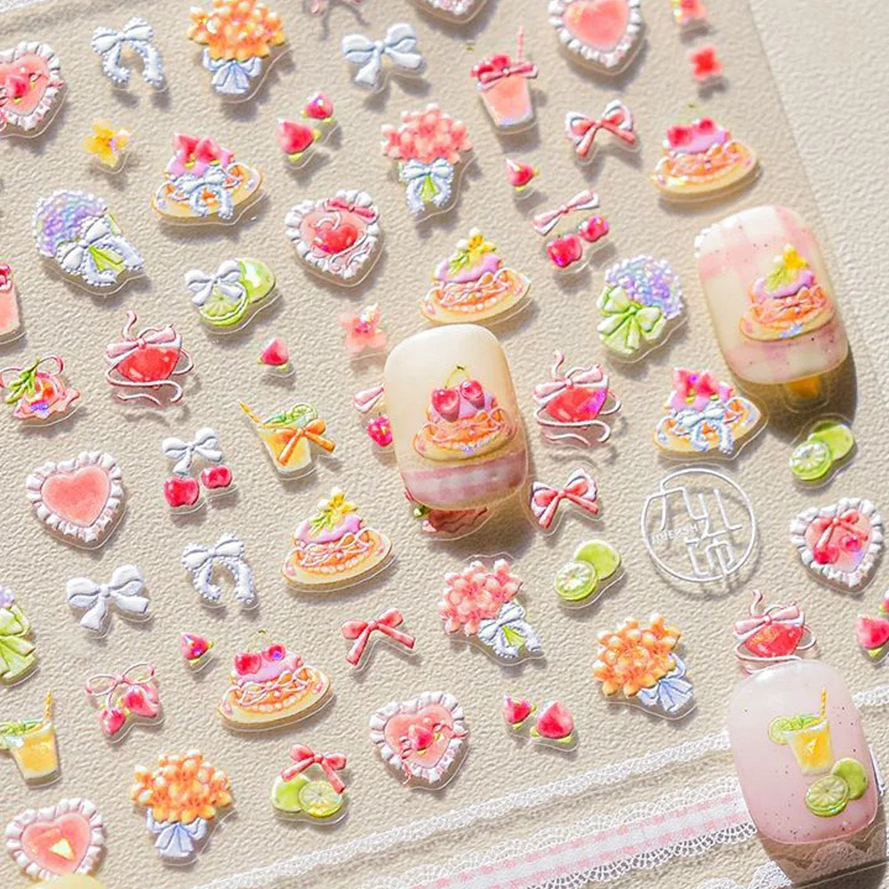 Lucky Bear Dessert Cake Milk Bowknot Apple Core Flower Cute Bags Delicious Cookies Self Adhesive Nail Art Sticker Manicure Decal