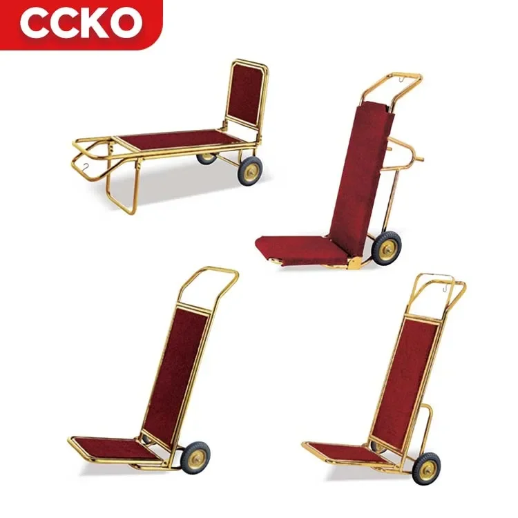 5 Star Lobby Banquet Guestroom Service Mirror Gold Stainless Steel Luggage Carts Bellman Bellboy Cart Hotel Luggage Trolley Cart