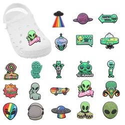 Hot Sale 1pcs Shoe Charms Green Alien Spaceship Planet PVC Accessories Garden Shoes Buckle Decorations Fit Kids X-max Gift