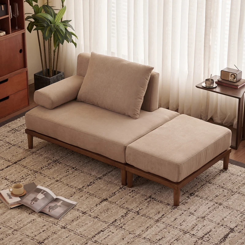 

Medieval style solid wood sofa small apartment double three-person living room combination without armrests retro style fabric