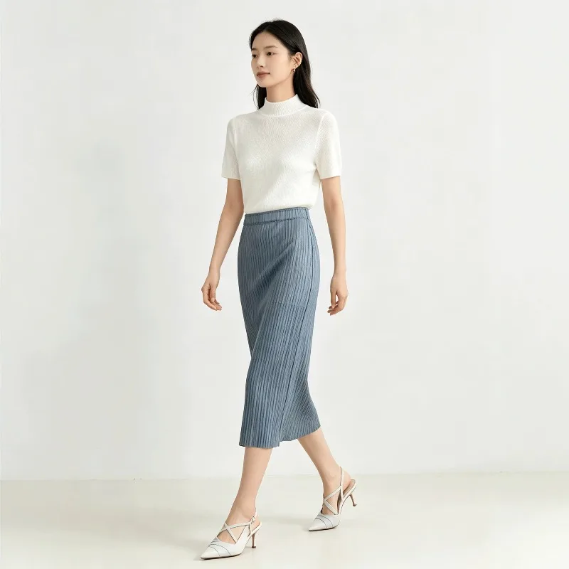 Miyake Pleated Solid Color Skirt 2026 Summer New High Waist Mid-Length Jupe Drape Elastic Slim Straight Elegant Pleats Skirt