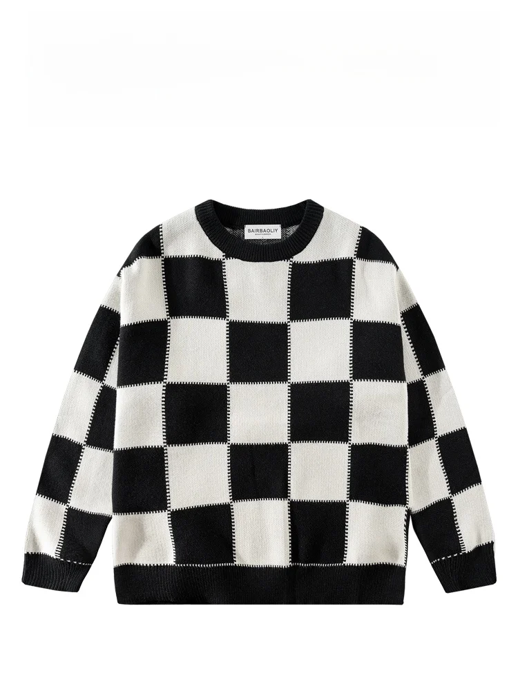 

BAIRBAOLIY Retro Plaid Knitwear Lazy Style Loose Trendy round Neck Sweater Couple Style Casual Comfortable Autumn Top