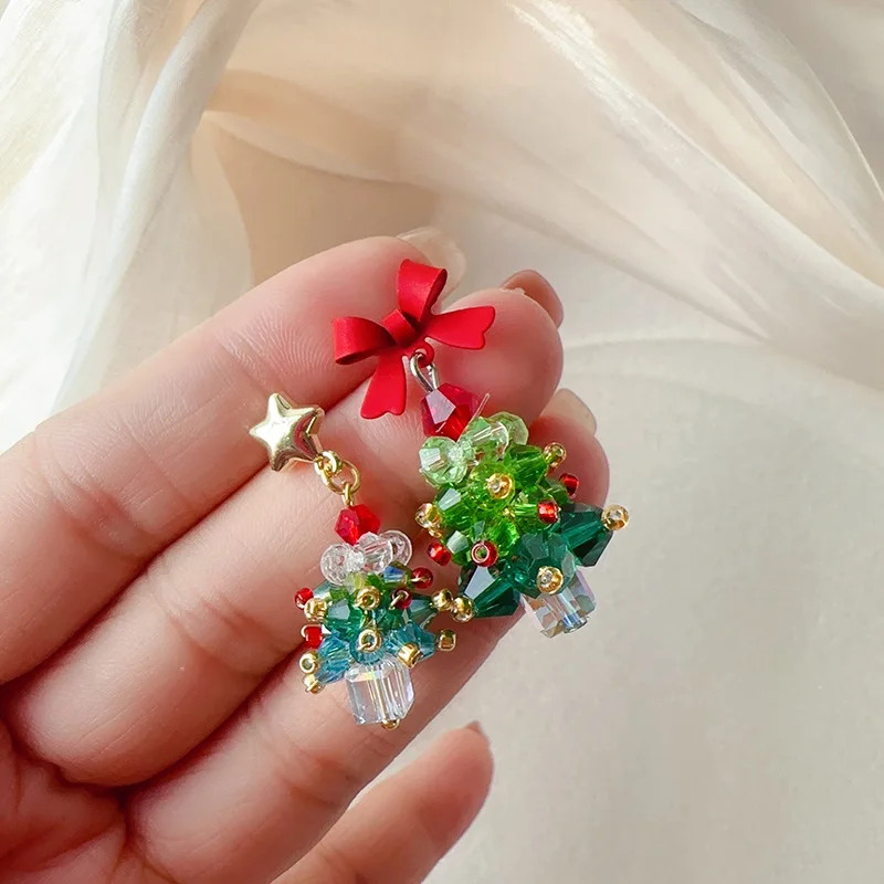 Korean Sweet 3D Bowknot Christmas Tree Earrings For Women Green Crystal Xmas Tree Drop Earrings Merry Christmas Jewelry Gifts