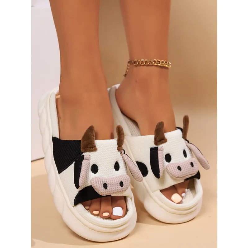 Four Seasons Universal Indoor Home Cotton Linen Sandals Cute Cartoon Cow Linen Slippers Non-slip