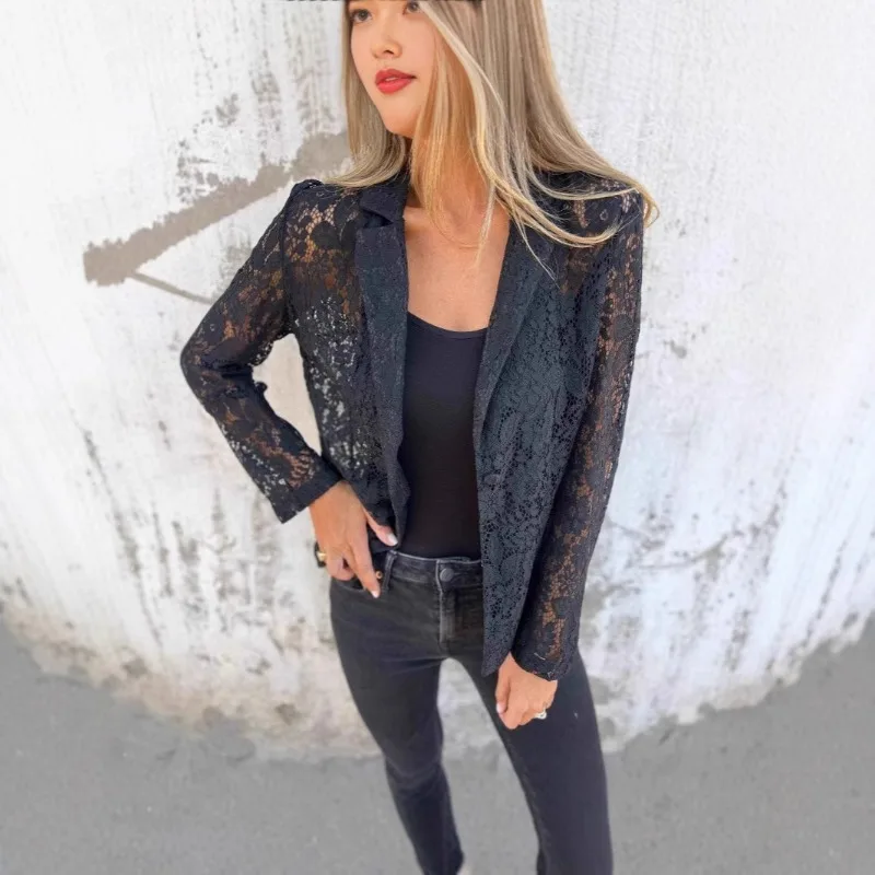 

Кружевной пиджак для женщин, модный, повседневный, в западном стиле, однотонный темперамент, для поездок на работу, весенне-летний новый стиль