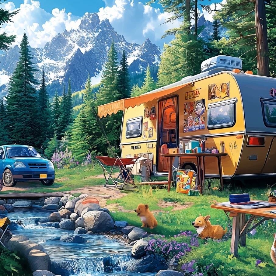 

Jigsaw Puzzle Family Camping Scene Vintage Camper Van Mountains And Dogs For Adults Family Bonding Christmas Birthday Gift