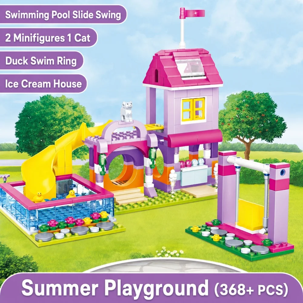 STEM Summer Playground Building Bricks Set for Girls with Slide Swing Pool and House DIY Assembly Construction Toy Birthday Gift