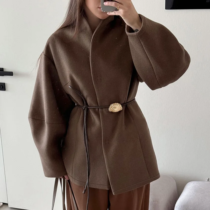 

Windbreaker women's 2025 autumn and winter new brown waist cinched woolen coat women's design sense fashion 2025
