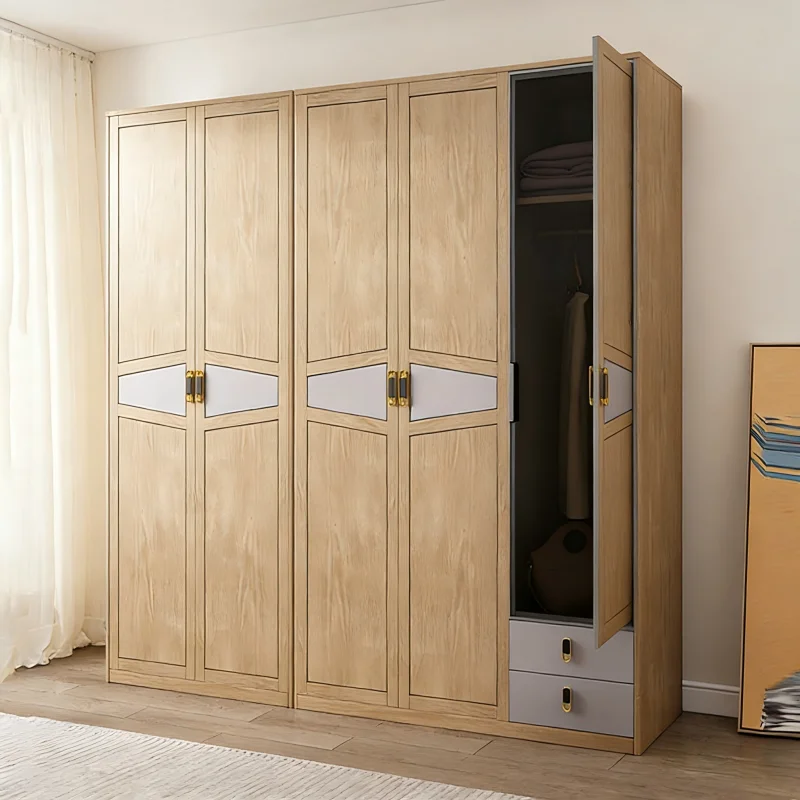 Solid Wood Grain 2/3-Door Wardrobe Cabinet with Storage Drawers