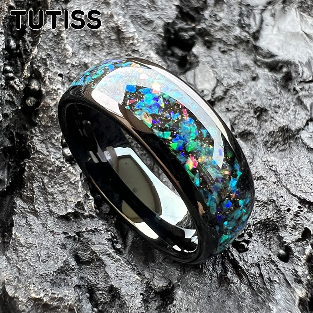 TUTISS 8mm Men Women Galaxy Opal Ring Nice Tungsten Engagement Wedding Band Domed Polished Fashion Jewelry Comfort Fit