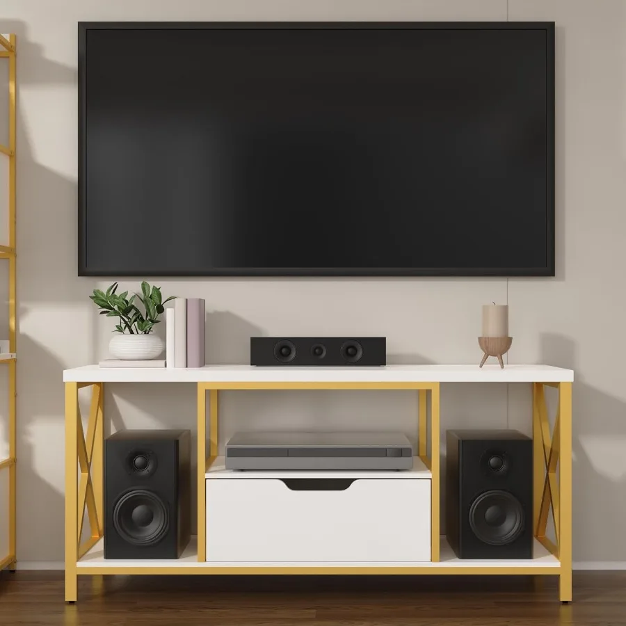 TV Stand with Drawer for TVs up to 60 Inch Industrial TV Console Table with Open Storage Shelves Modern Entertainment Center fo
