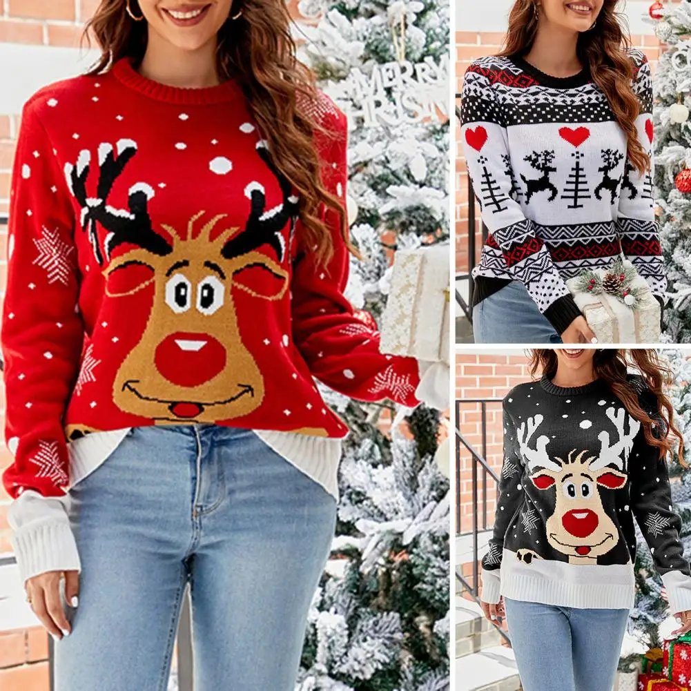 

Autumn Winter Knitting Pullover Festive Women's Knit Sweaters Adorable Deer Xmas Tree Snowflake Jacquard Prints for Autumn