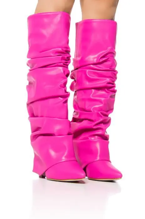 

Patent Leather Pleated Wedge Heel Over-The-Knee Boots Pointed-Toe Slip-On Knee-High Botas Long Plus Size Catwalk Botines