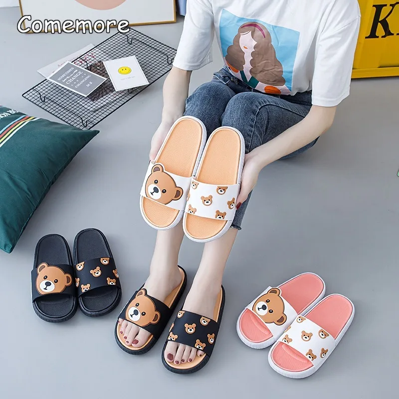 Comemore Summer Home Slippers Woman Indoor Fashion Non-slip Women\'s Sandals Couples Cartoon Bear Beach Soft Slipper Flat Shoes