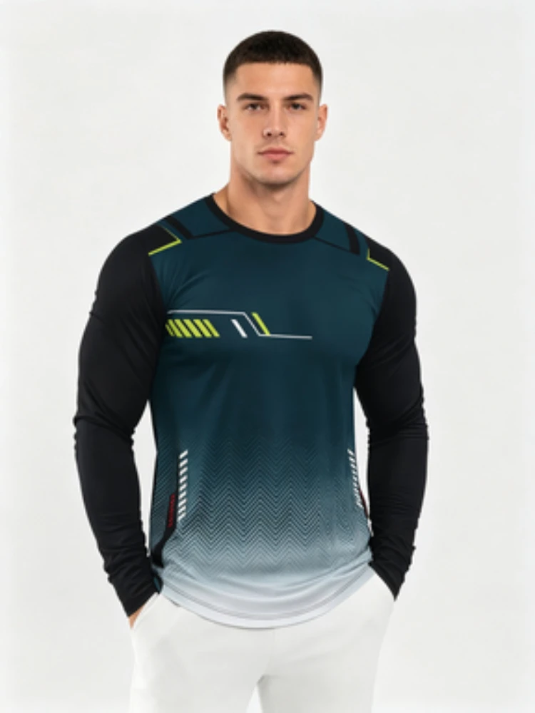 New long-sleeve T-shirt in gradient blue with geometric digital print, breathable and comfortable long-sleeve casual sports top