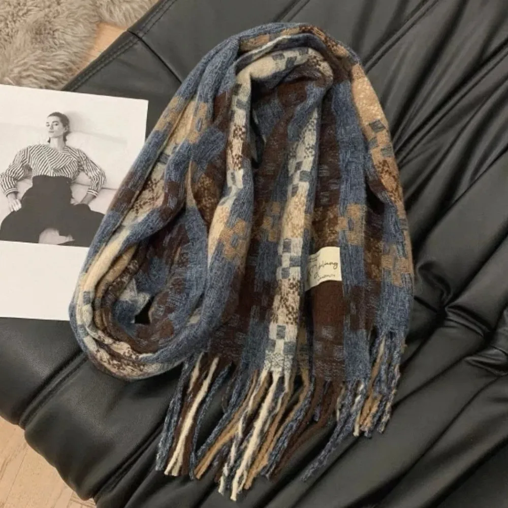 

Модный черно-белый клетчатый зимний шарф, имитация кашемира, утолщенная теплая шаль, ветрозащитный длинный зимний шарф