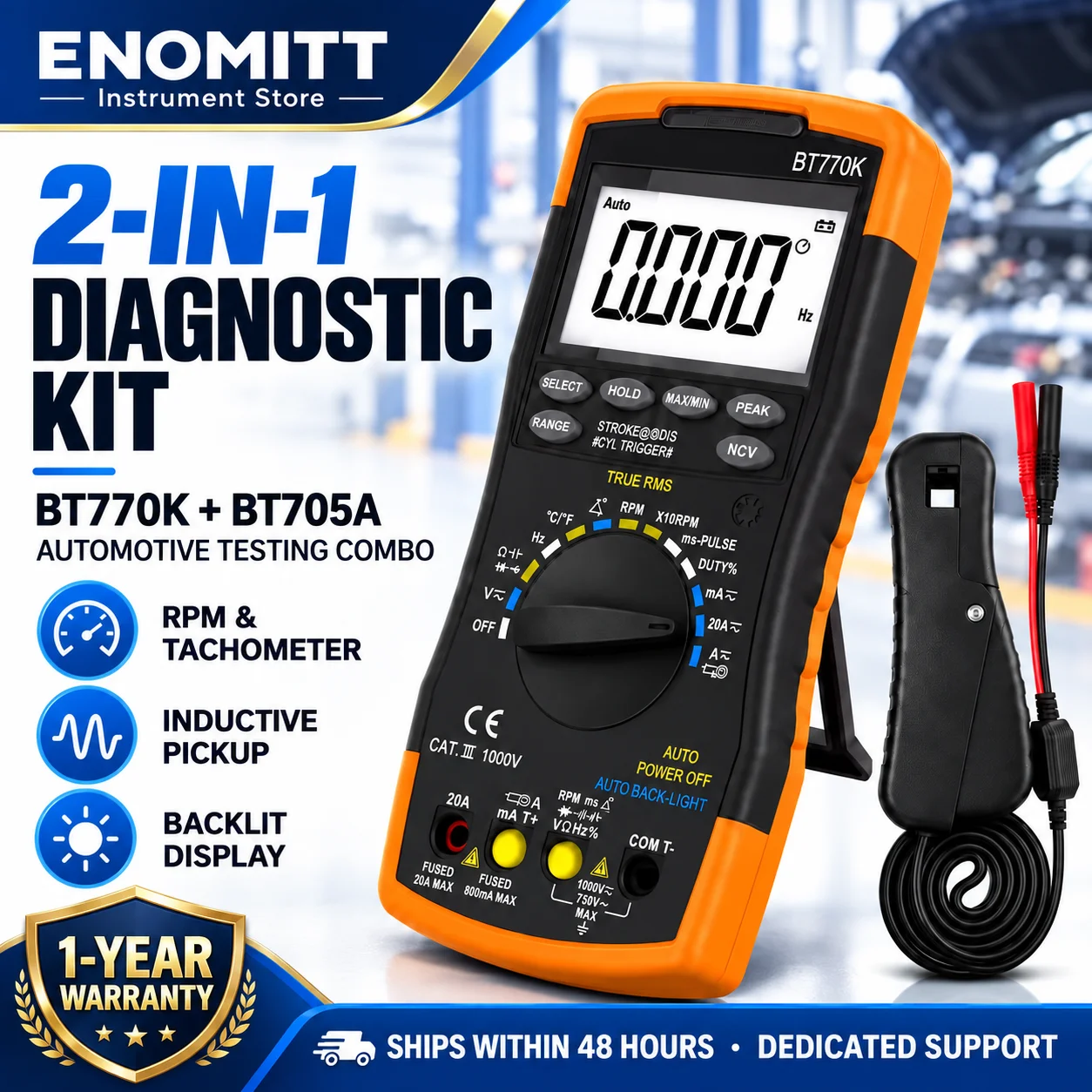 Digital Automotive Multimeter with Inductive Pickup Clamp AC/DC Voltage Current RPM Dwell Angle Tachometer Diagnostic Tester