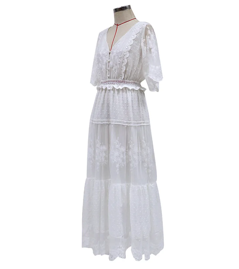 

Vintage V-neck Lace Embroidery Short Sleeves Long Dress White