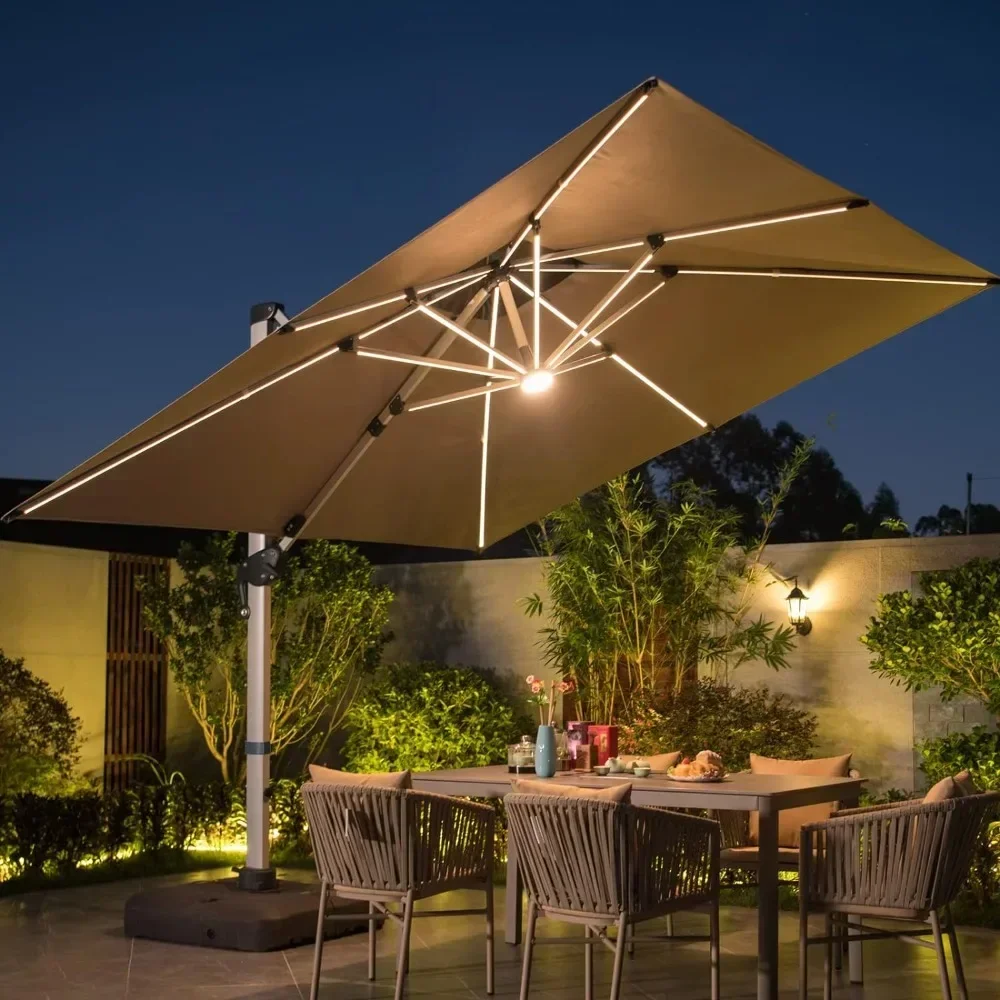 

10x10FT Square Cantilever Umbrella with Solar LED Lights, Large Outdoor Patio Umbrella, 360° Rotation Heavy Duty Offset Umbrella