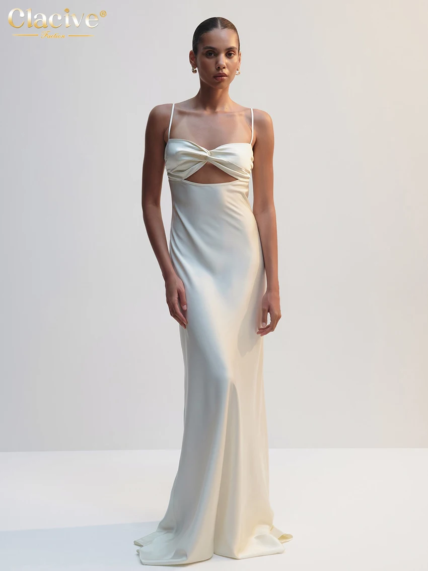 Clacive-vestido Sexy holgado de satén blanco para mujer, vestido largo sin mangas con tirantes, elegante, clásico, calado, para verano 2026
