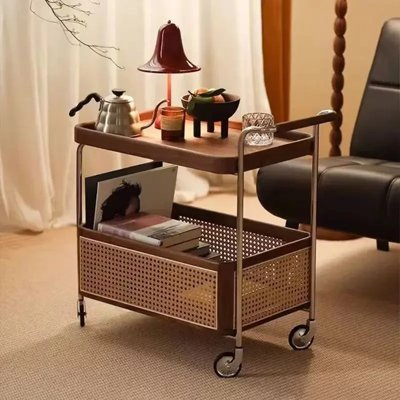 Middle Ancient Style Black Walnut White Wax Wood Movable Small Coffee Table with Wheels, Silent Wheels Rattan Living Room