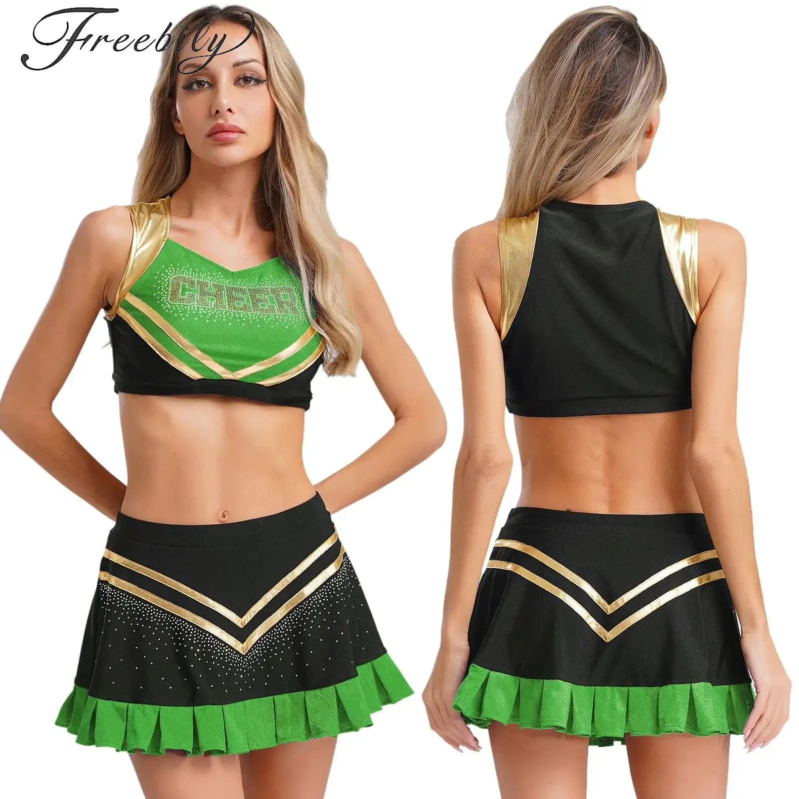

Sexy Cheerleading Uniform Women School Girl Halloween Fancy Dress Cheerleader Dance Costume Outfit Crop Top+Mini Pleated Skirt