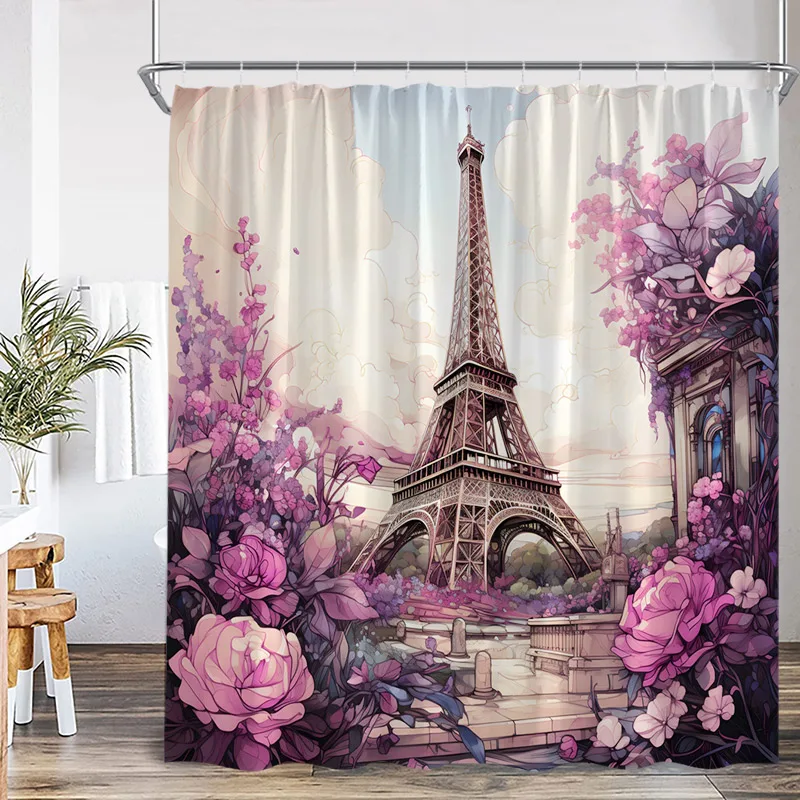 Vintage Paris Tower Shower Curtains Watercolour Floral Butterfly Modern Polyester Fabric Bathroom Curtain Decorative with Hooks