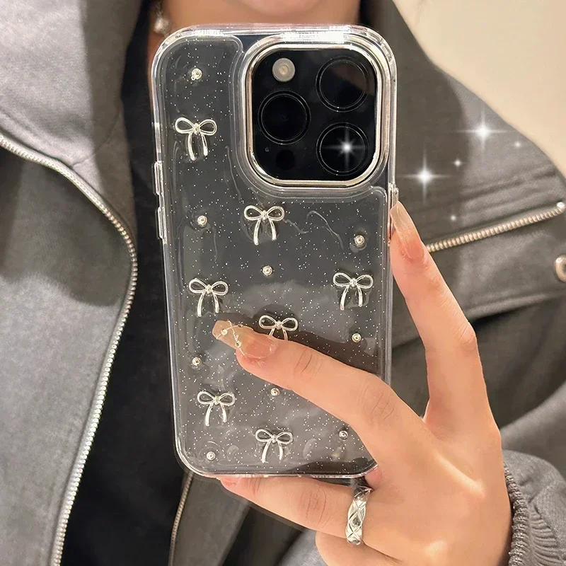 

Korea Glitter 3D Silver Bow Beads Phone Case For iPhone 16 15 14 13 12 11 Pro Max 7 8 Plus X XS Epoxy Shell Girl Clear Cover