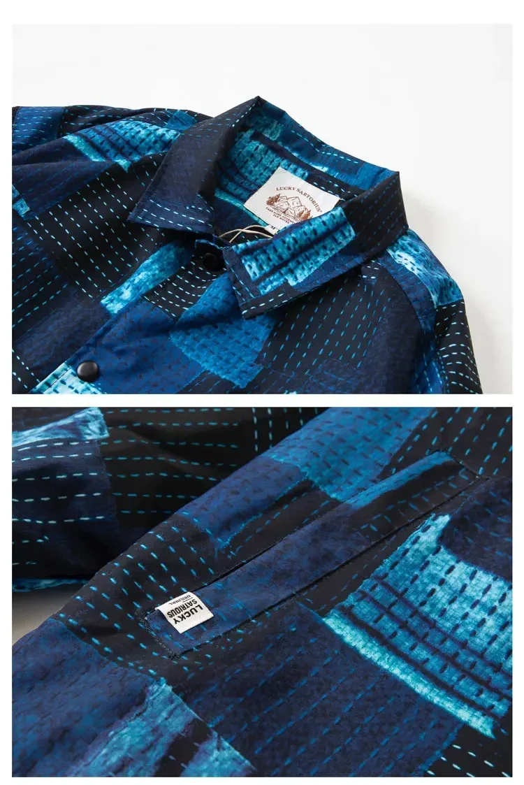 Imitation Indigo Ancient Cloth Embroidered Loose Color Block Printed Jacket Coat Men's Fashion Japan Retro Long Sleeve Outwear