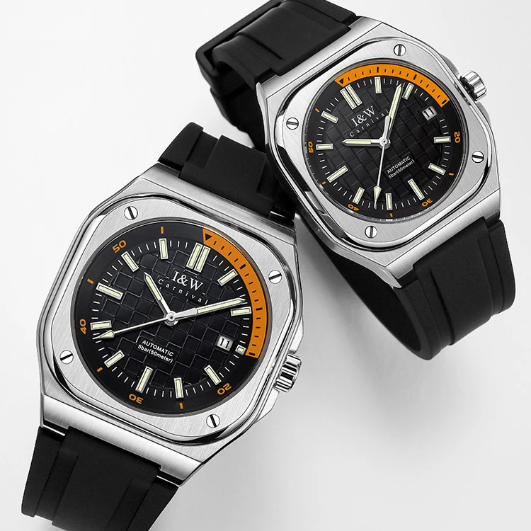 I & W นาฬิกาข้อมือกลไกนาฬิกาออโตเมติกผู้ชายเหลี่ยมหรูกันน้ำ50ม. เคลื่อนไหวคู่ Miyota