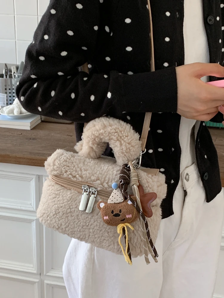 

Корейская женская сумка из овечьей шерсти, модная осенне-зимняя сумка через плечо в форме коробки с мягкой ручкой