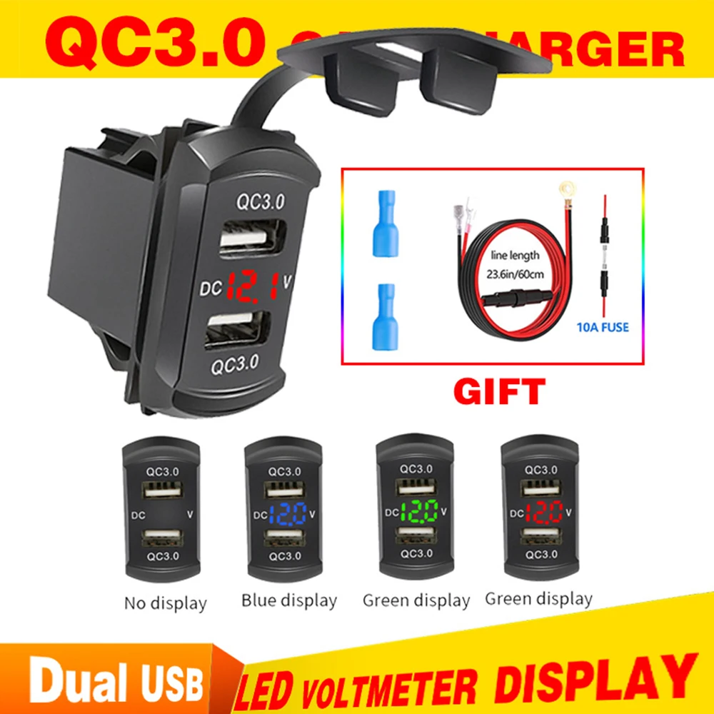 12/24V Dual USB QC3.0 Car Charger 4.2A Voltage Display With Wiring Waterproof  Ports Car Phone Charger Adapter For iPhone Xiaomi